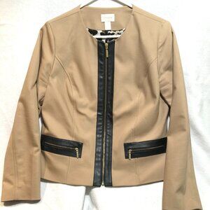 Chico’s Full Zip Blazer Faux Leather Trim Tan Black Womens Size 1 medium